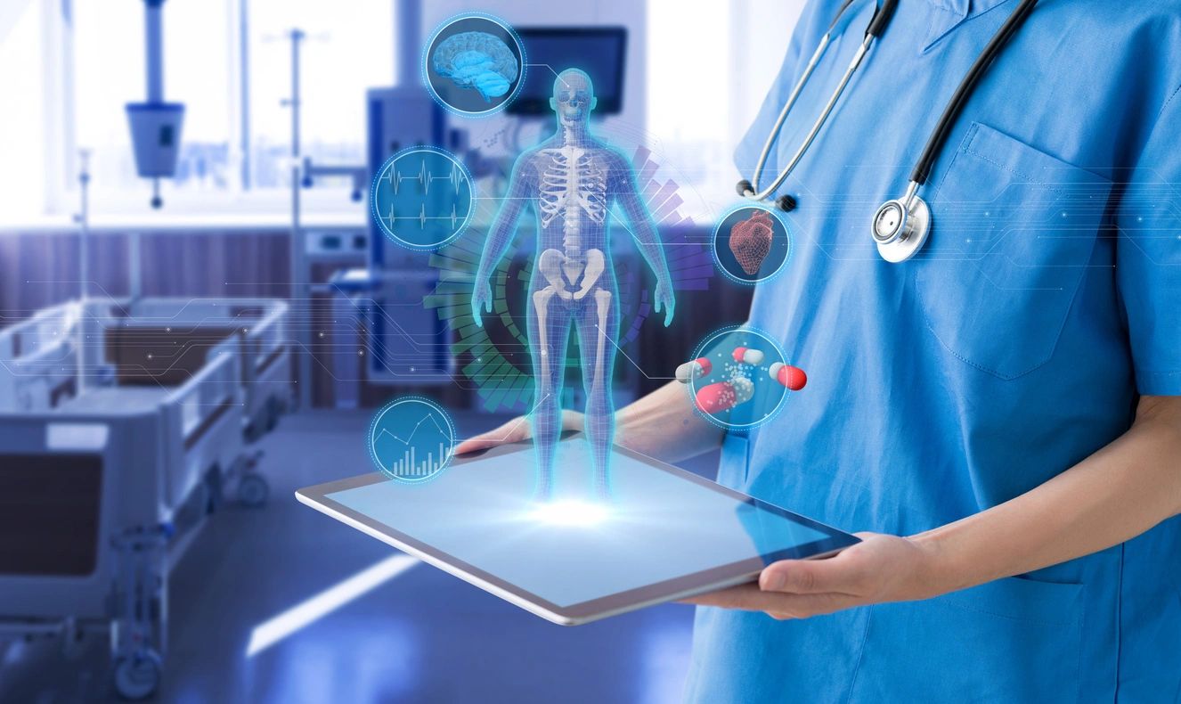 A doctor with tablet that projects a human anatomy holograph